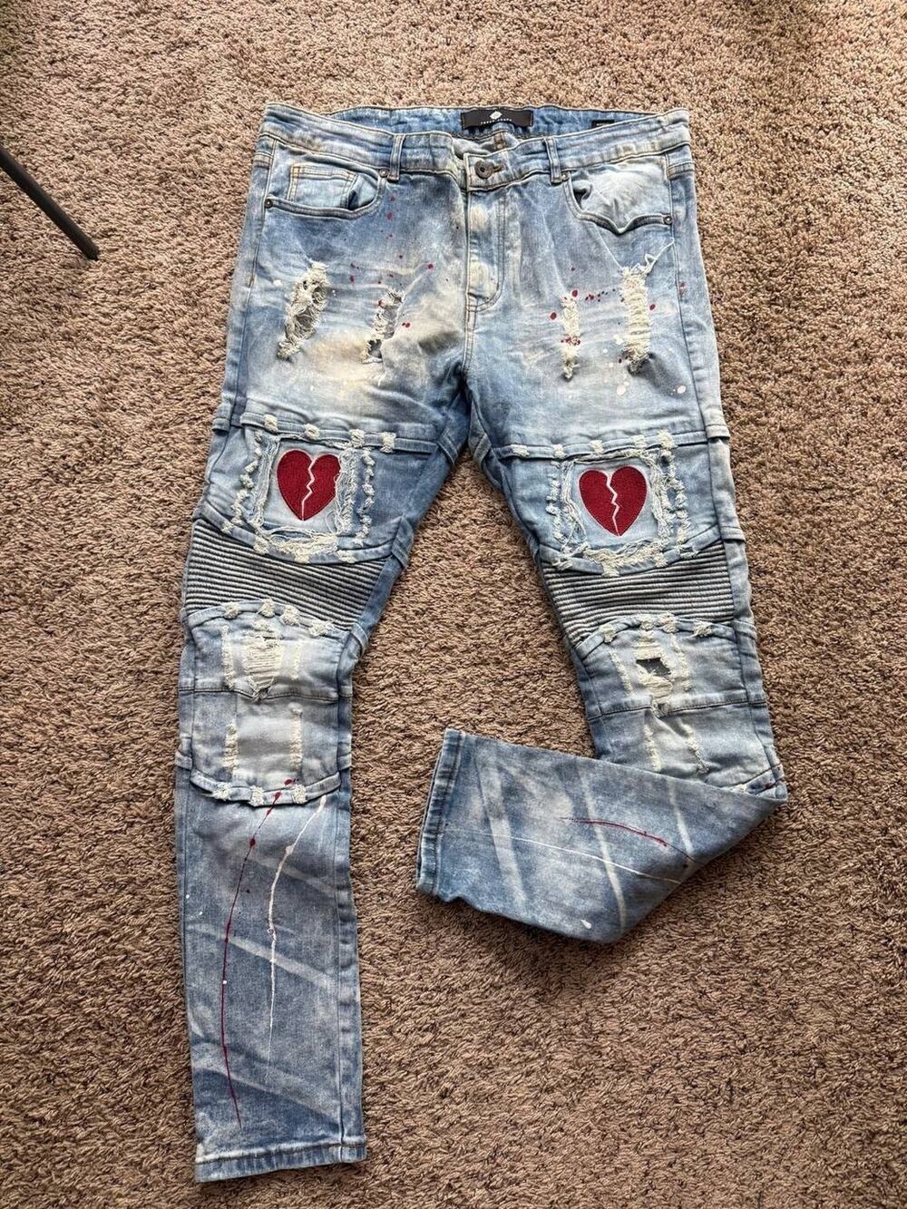 Focus Jeans Heartbreaker Denim Splat Broken Heart Embroidered Jeans W36 L32